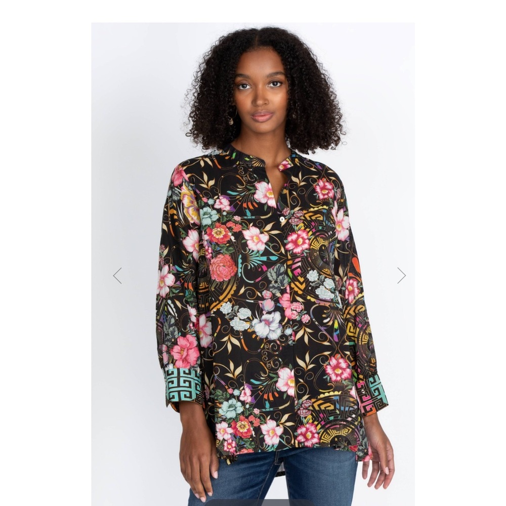 Johnny Was Black Floral Peace Voyager Tunic Long sleeve Top XL Cotton Boho NWT